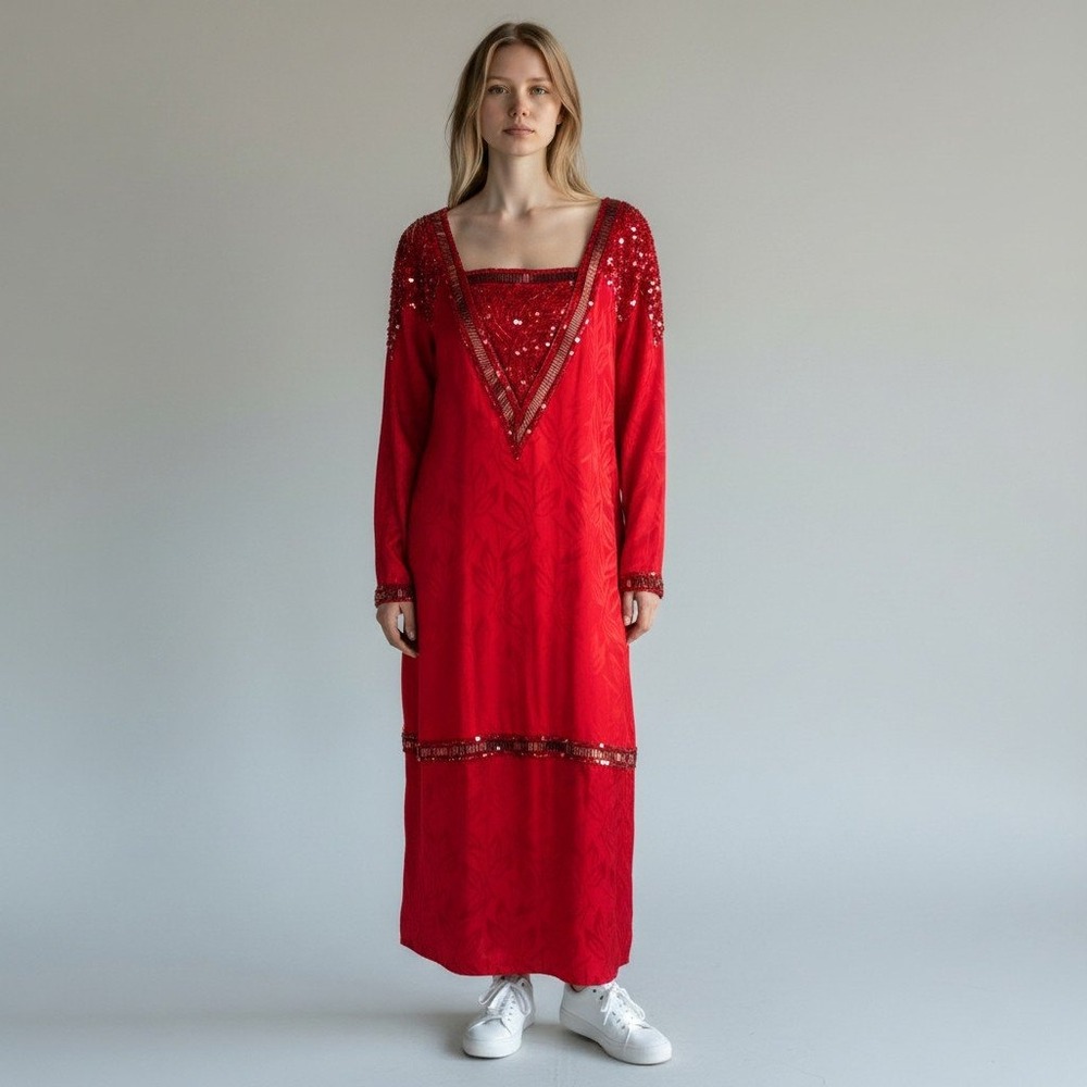 D'ore Vintage Red 100% Silk Sequin Beaded Jacquard Maxi Dress Women 16 Long Gown